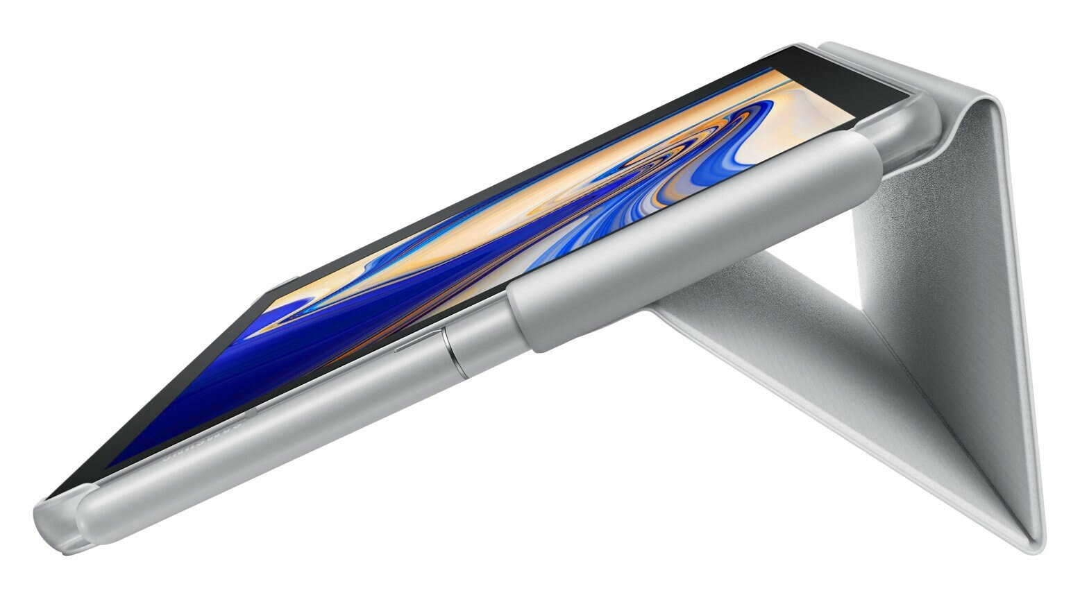 Srebrny tablet podparty srebrnym etui, pokazujący ekran z niebieskim wzorem kolorów.