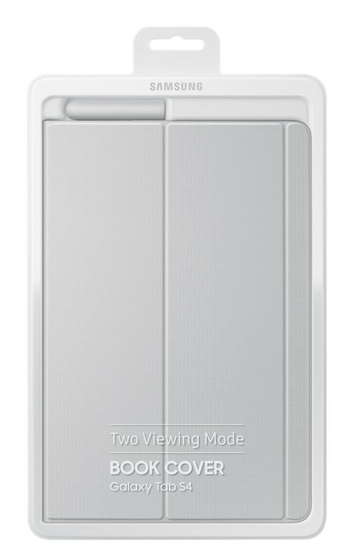 Biała plastikowa obudowa z etui na książkę do tabletu w środku. Marka to Samsung.