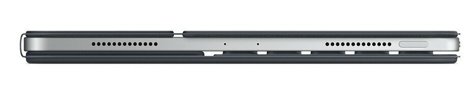 Zbliżenie smukłego, srebrnego urządzenia z otworami głośnikowymi i przyciskami.