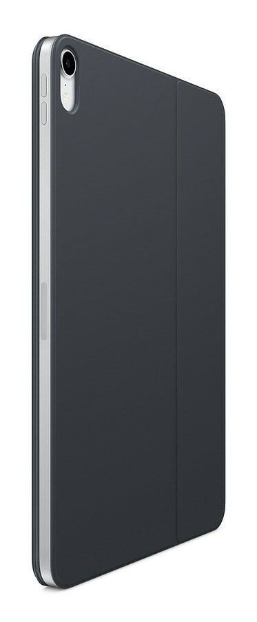 Szary tablet z etui, widok z boku, aparat w lewym górnym rogu.