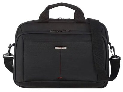 Czarna torba na laptopa Samsonite z paskiem na ramię i czerwoną linią.