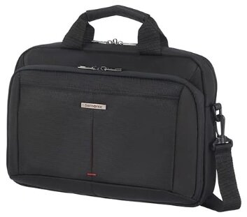 Czarna teczka Samsonite z uchwytem, paskiem na ramię i czerwonym detalem.