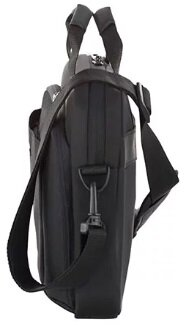 Czarna teczka z paskiem na ramię i uchwytem. Widoczne logo Targus.