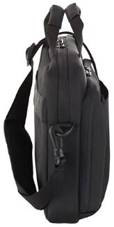 Czarna teczka, widoczna z boku, z dołączonym paskiem na ramię.