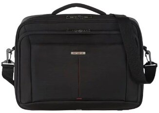 Czarna teczka Samsonite z paskiem na ramię. Logo jest widoczne.