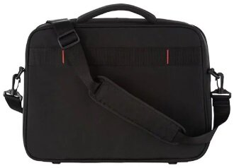 Czarna torba w stylu aktówki z paskiem na ramię i czerwonymi akcentami. Ma uchwyt.