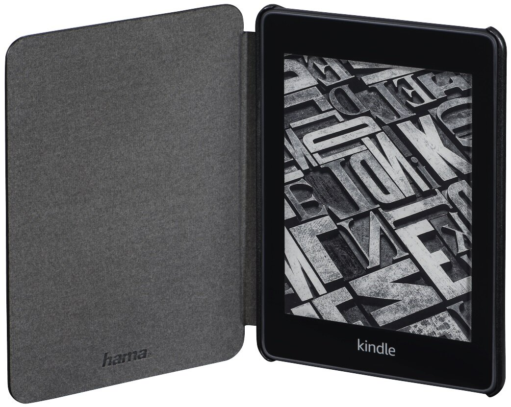 Czytnik e-booków Kindle w szarej okładce. Ekran wyświetla tekst w formacie książki.