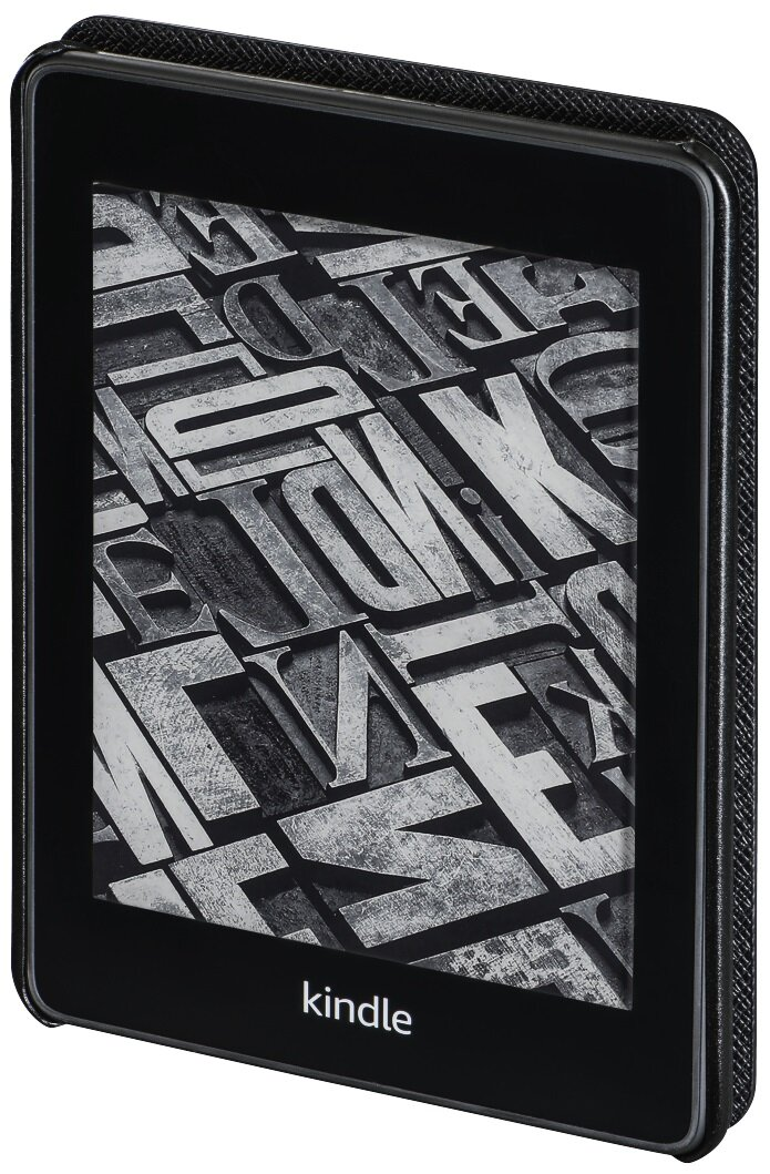 Czarny czytnik e-booków Kindle wyświetla ekran z szarymi, abstrakcyjnymi kształtami liter. Urządzenie jest w czarnym etui ochronnym.