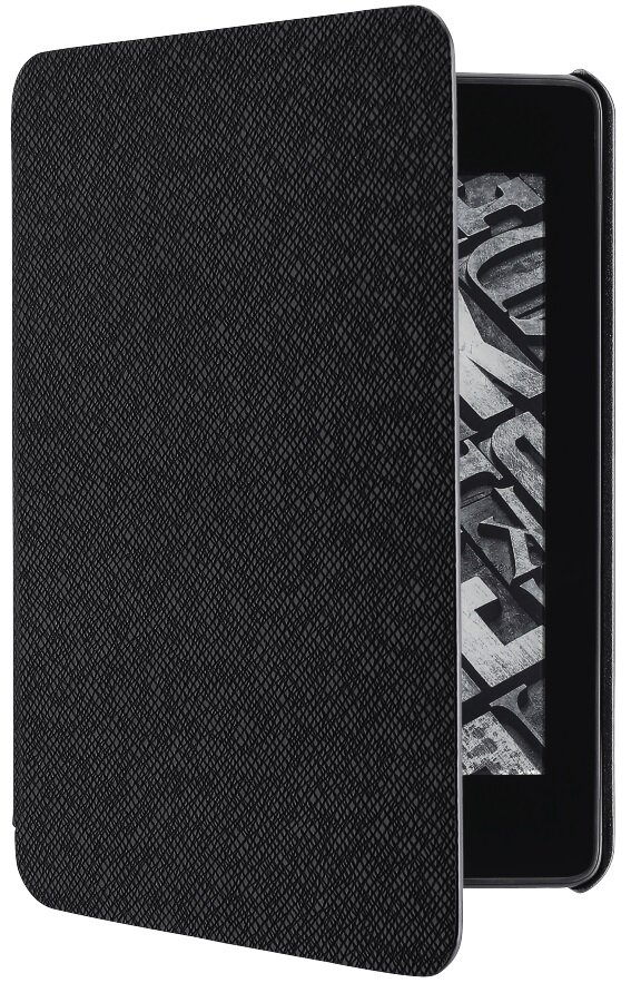 Czarny futerał na czytnik e-booków z teksturowanym zewnętrzem i wyświetlaczem.
