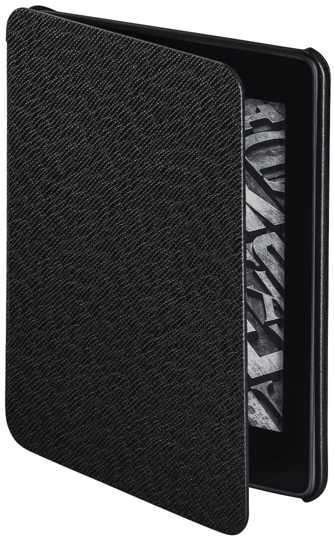 Czarna skórzana okładka książki otwarta, ukazująca wzór z kształtami liter w środku. Czarne tło.