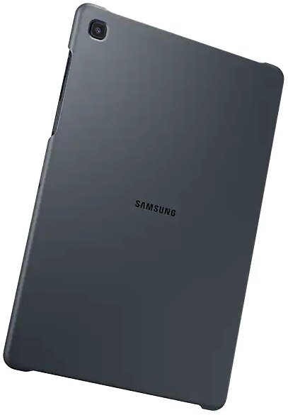 Ciemnoszary tablet Samsung w etui. Logo Samsung jest wyśrodkowane.