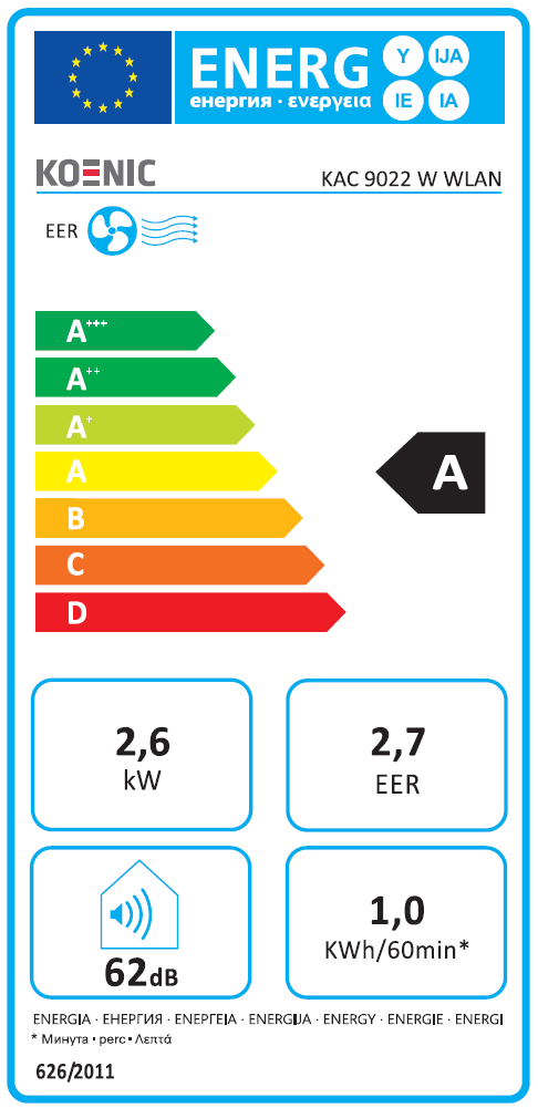 Egy Koenic légkondicionáló energiahatékonysági címkéje. Energiaosztályokat és adatokat mutat.