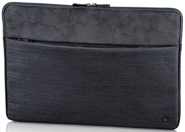 Czarna torba na laptopa. Ma zamek błyskawiczny i materiał przypominający zamsz.