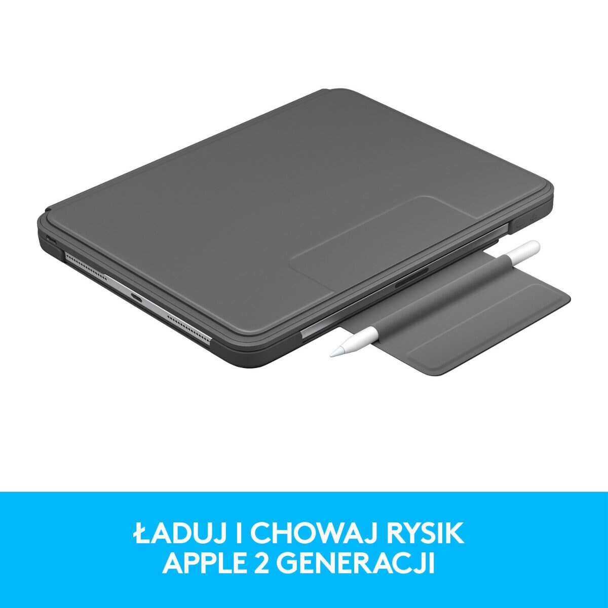 Szare etui na tablet z rysikiem, tekst: Ładuj i przechowuj Apple Pencil 2 generacji.