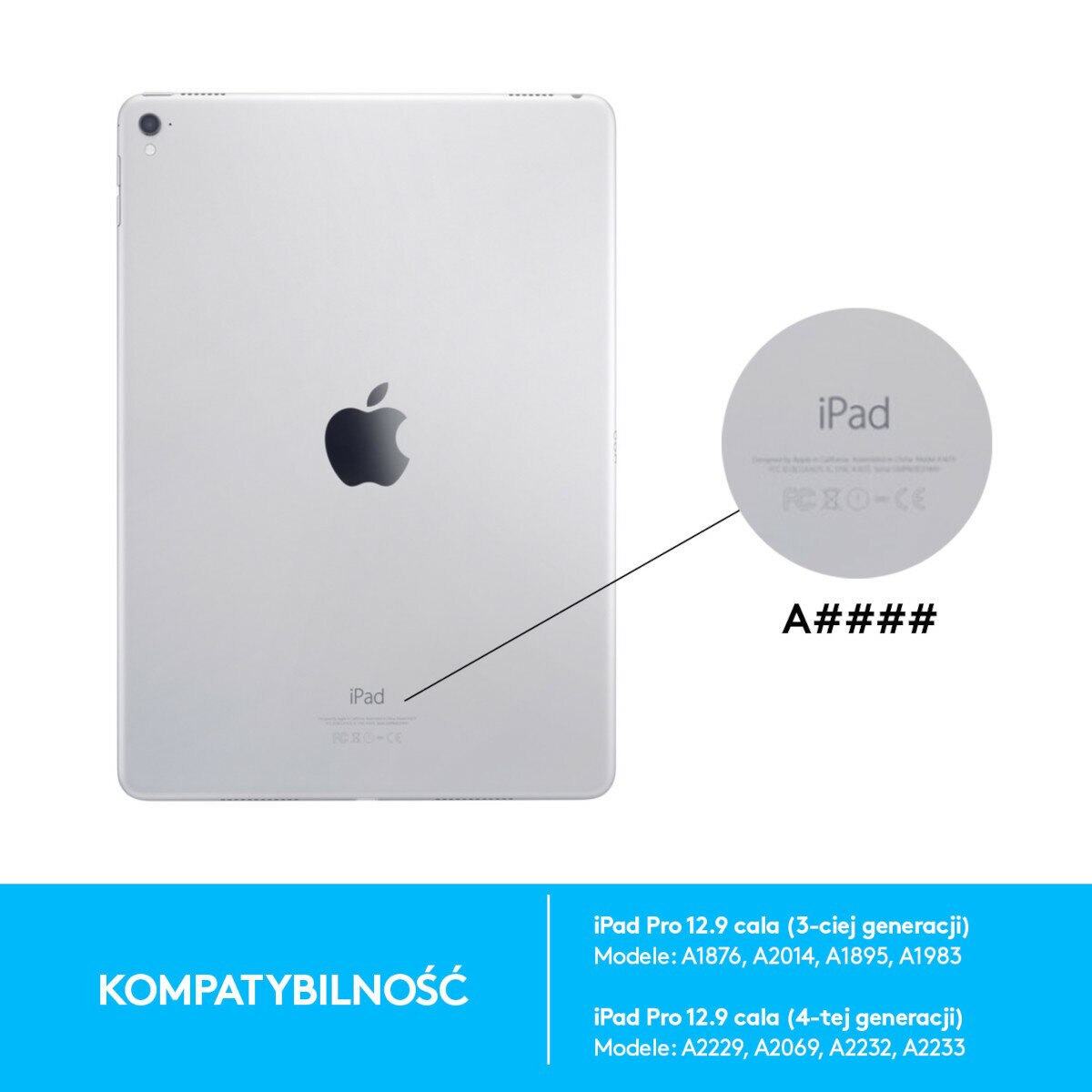 Srebrny iPad z czarnym logo Apple na białym tle. Szczegóły kompatybilności poniżej.