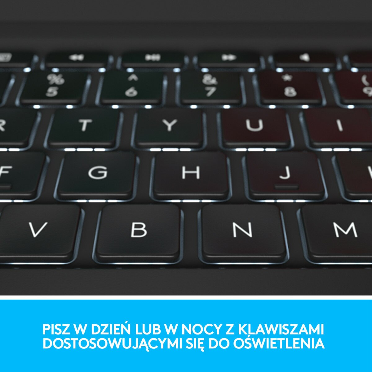 Zbliżenie klawiatury laptopa z podświetlanymi klawiszami.