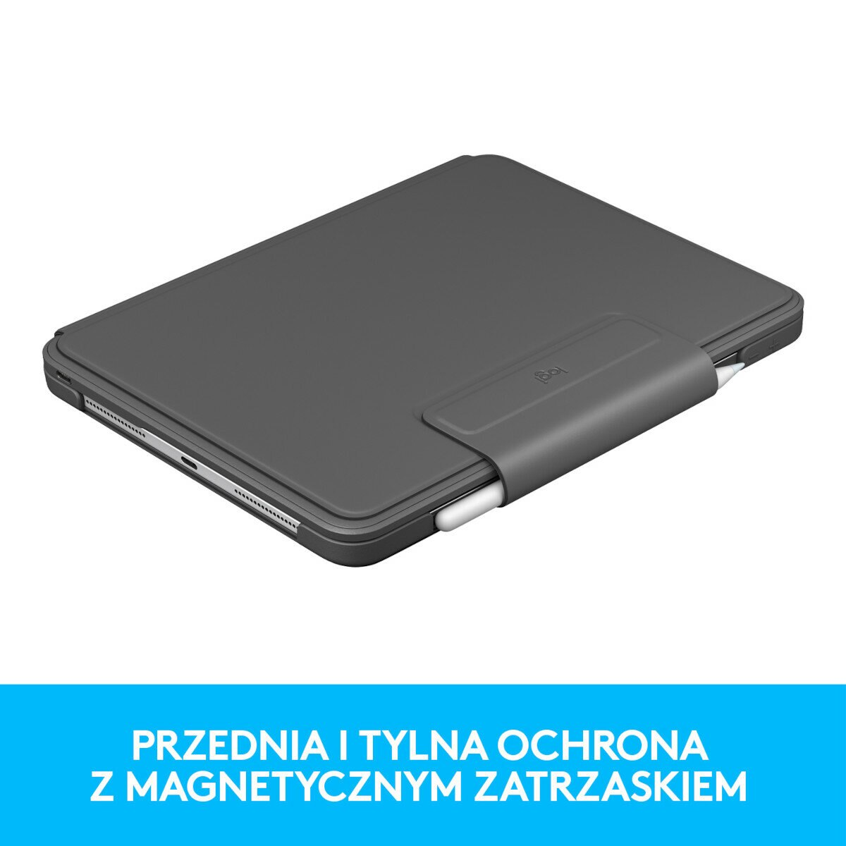 Szare etui na tablet z uchwytem na długopis. Tekst: Ochrona przednia i tylna z magnetycznym zapięciem.