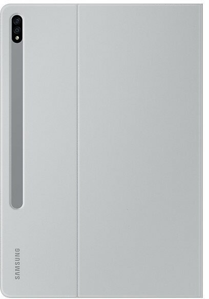 Jasnoszara obudowa tabletu, zamknięta. Posiada wycięcie na aparat i logo Samsung z boku.