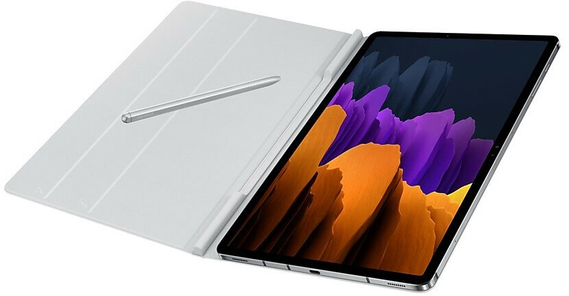 Tablet z etui i rysikiem. Ekran wyświetla kolorowe, abstrakcyjne tło.