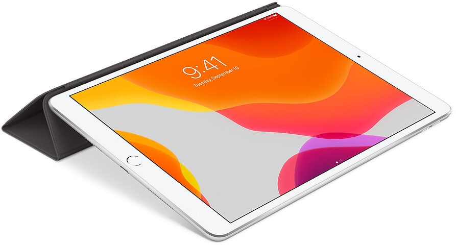 iPad Apple z inteligentną osłoną, widok pod kątem, pokazujący ekran z kolorowym, abstrakcyjnym tłem.