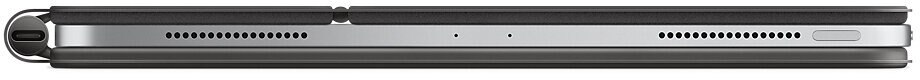 Zbliżenie krawędzi tabletu, z portem ładowania, głośnikami i przyciskiem zasilania. Czarny. Srebrna krawędź.