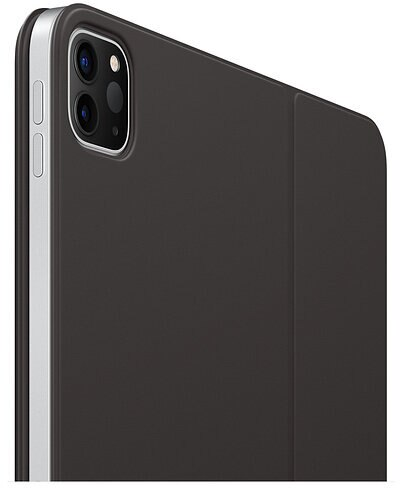 Zbliżenie czarnego iPada z etui. Tył ma podwójne kamery i srebrną krawędź.