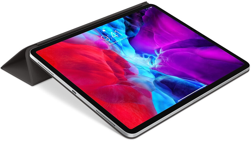 Tablet z kolorowym ekranem, zakryty czarnym etui.