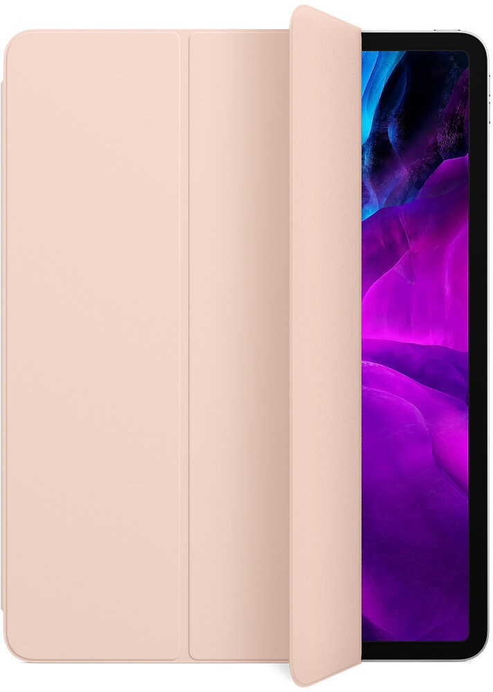 Różowe etui na tablet z tabletem w środku, etui jest lekko otwarte.