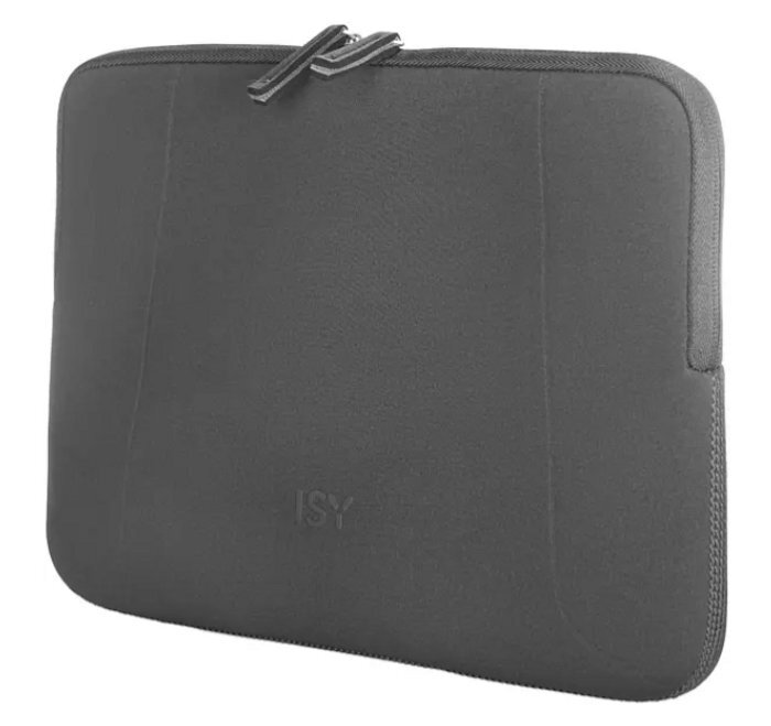 Ciemnoszare etui na tablet z zapięciem na zamek i słowem 'ISY' na przodzie.