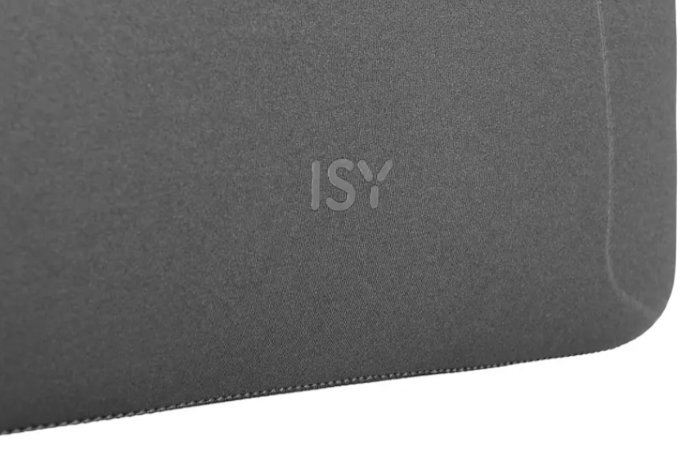 Szare etui z logo 'ISY'. Białe tło.