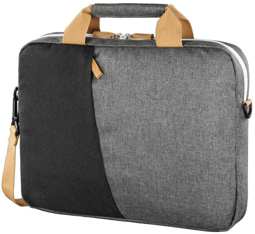Czarno-szara torba na laptopa z uchwytem i paskiem na ramię.