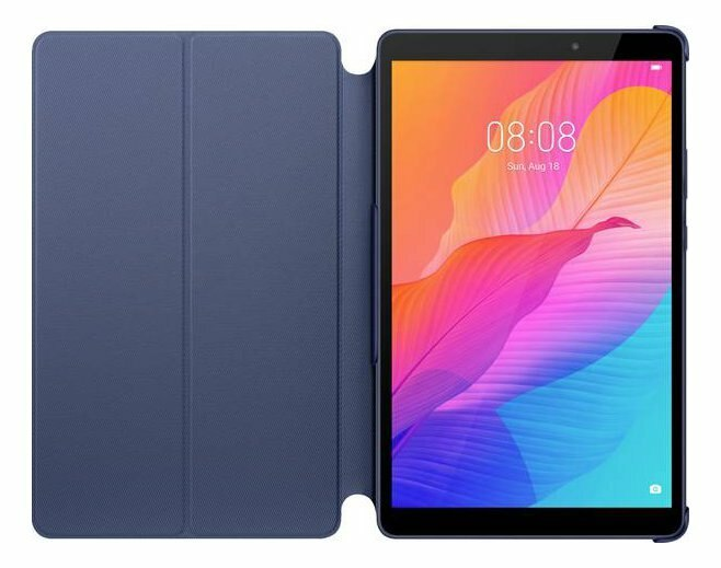 Niebieski tablet z otwartą osłoną, wyświetlający kolorowy interfejs. Krawędzie tabletu są również niebieskie.