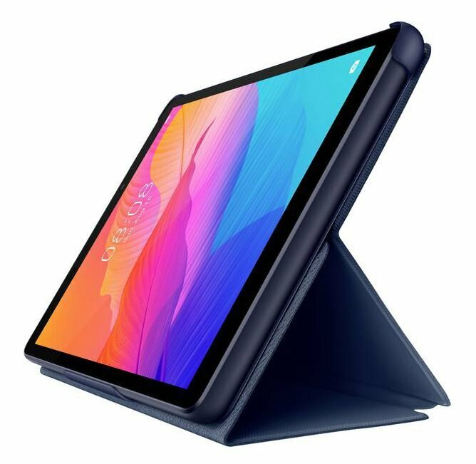 Niebieski tablet w niebieskim etui. Wyświetlacz pokazuje kolorowy obraz.