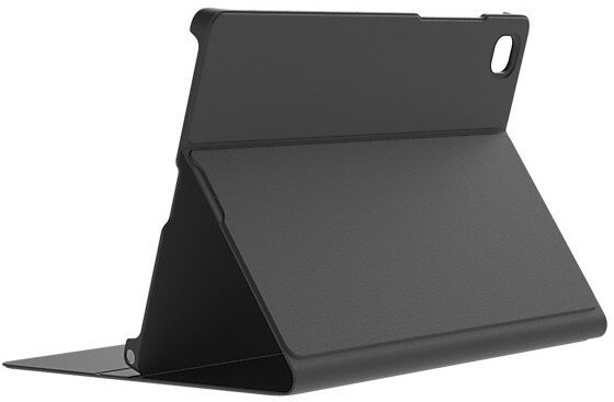 Czarny futerał na tablet ze złożoną osłoną, pokazujący tył tabletu.