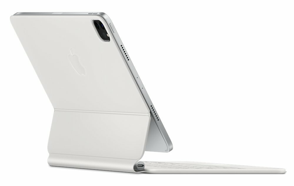 Biały iPad z białą klawiaturą, otwarty. Widoczne logo Apple.