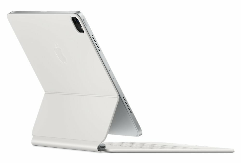 Biały tablet w etui, podparty klawiaturą. Ekran jest pod kątem.