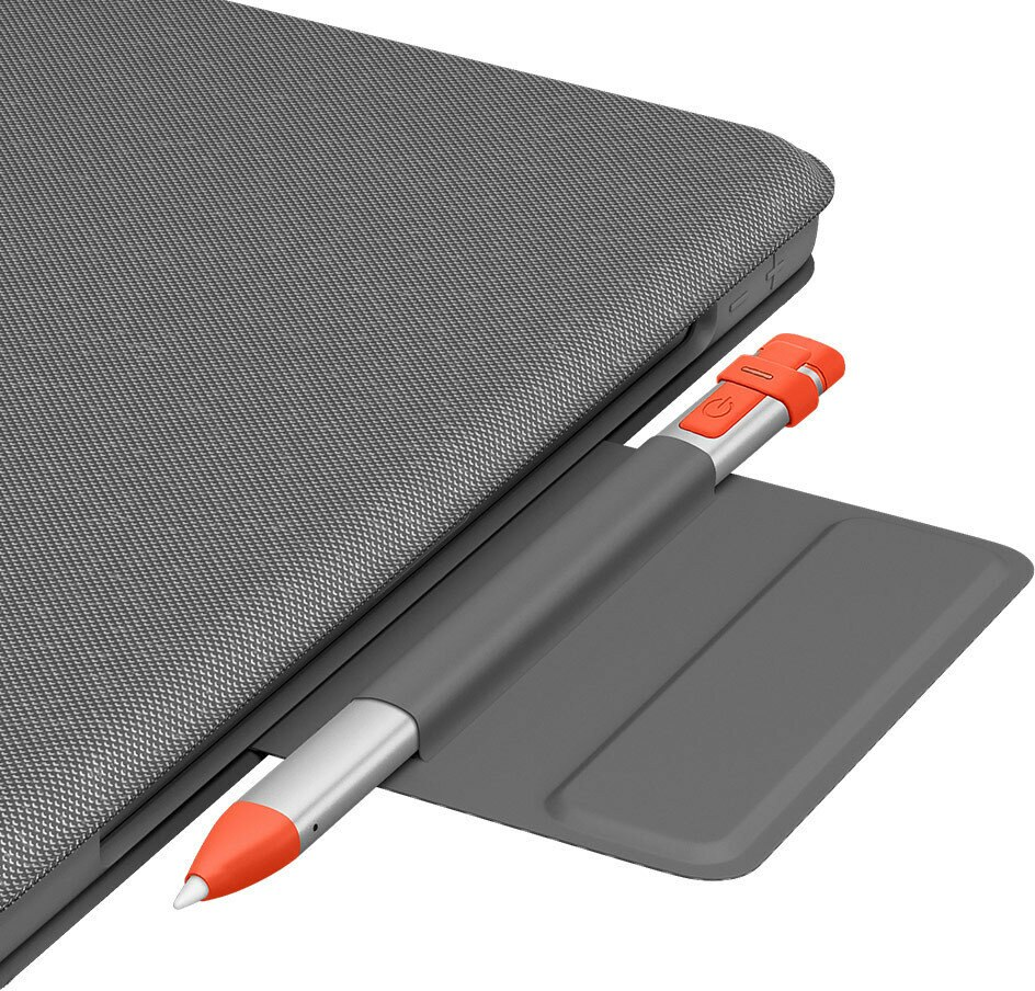 Szary tablet z szarą osłoną i rysikiem z pomarańczową końcówką, na białej powierzchni.