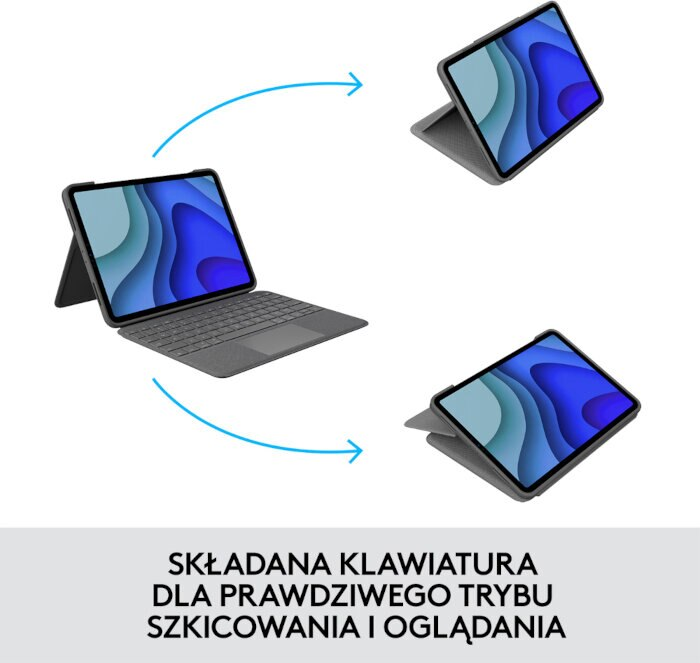 Tablet z etui na klawiaturę, pokazany w trzech pozycjach. Tekst: "Składana klawiatura do szkicowania i oglądania".