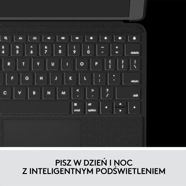 Klawiatura z gładzikiem i czarną powierzchnią. Widoczne klawisze.