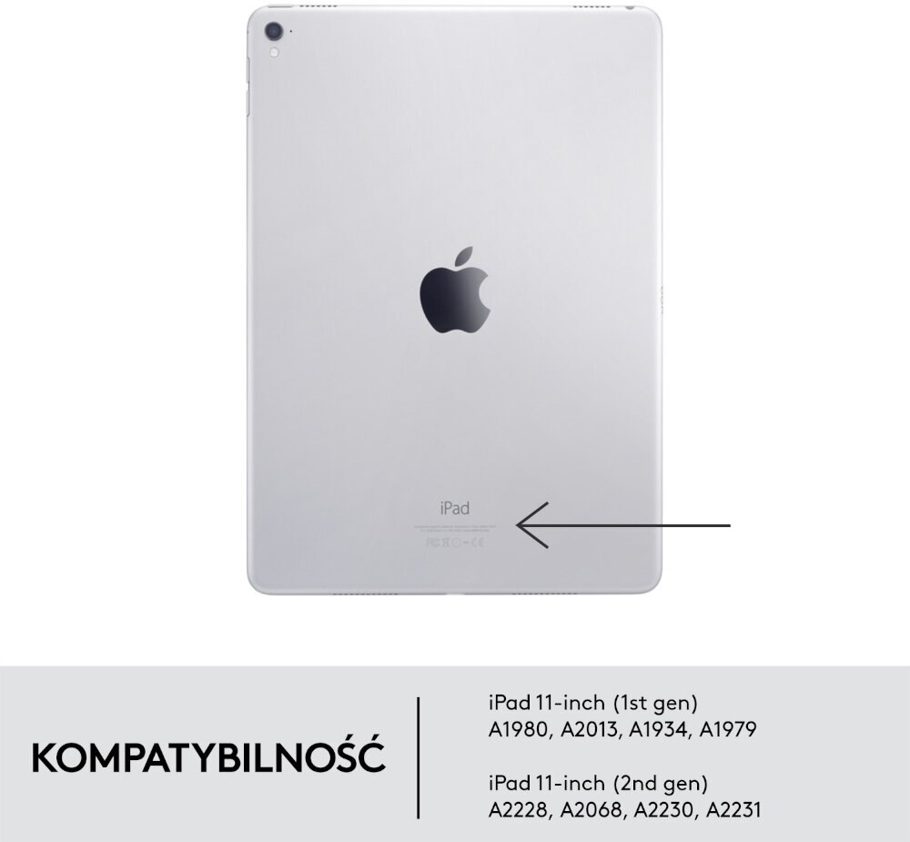 Tył iPada z czarnym logo Apple i tekstem o kompatybilności z modelami iPad.
