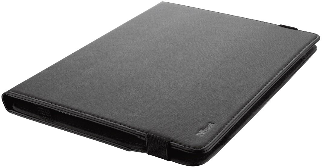 Czarne etui na tablet z logo Trust i gumką.
