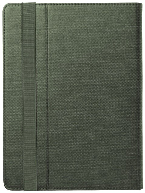Ciemnozielone etui na tablet z pionową gumką po lewej stronie.