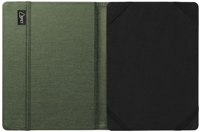Otwarty pokrowiec na tablet z zielonym, teksturowanym zewnętrzem i czarnym wnętrzem.