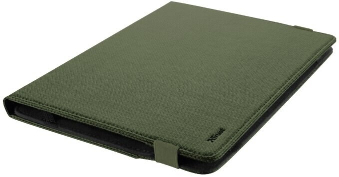 Zielona oliwkowa obudowa tabletu z czarnym wnętrzem. Widoczna marka "Trust".