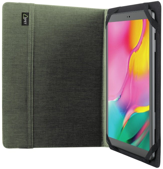 Tablet w etui. Zielona okładka i czarna ramka trzymająca tablet.