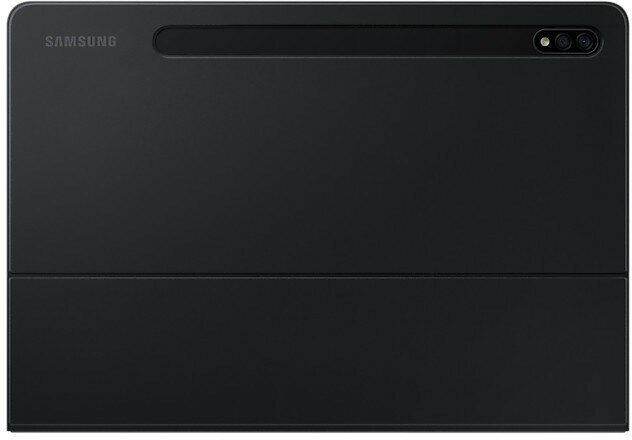 Czarny tablet Samsung z osłoną klawiatury pokazany od góry.