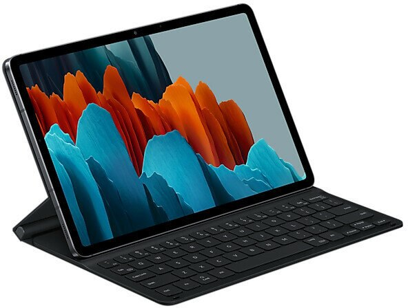 Tablet Samsung z klawiaturą, wyświetlający kolorowy, abstrakcyjny obraz na ekranie.