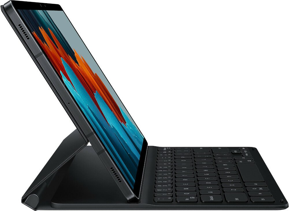 Czarne urządzenie tabletu z etui z klawiaturą, wyświetlane w pochylonej pozycji na białym tle.