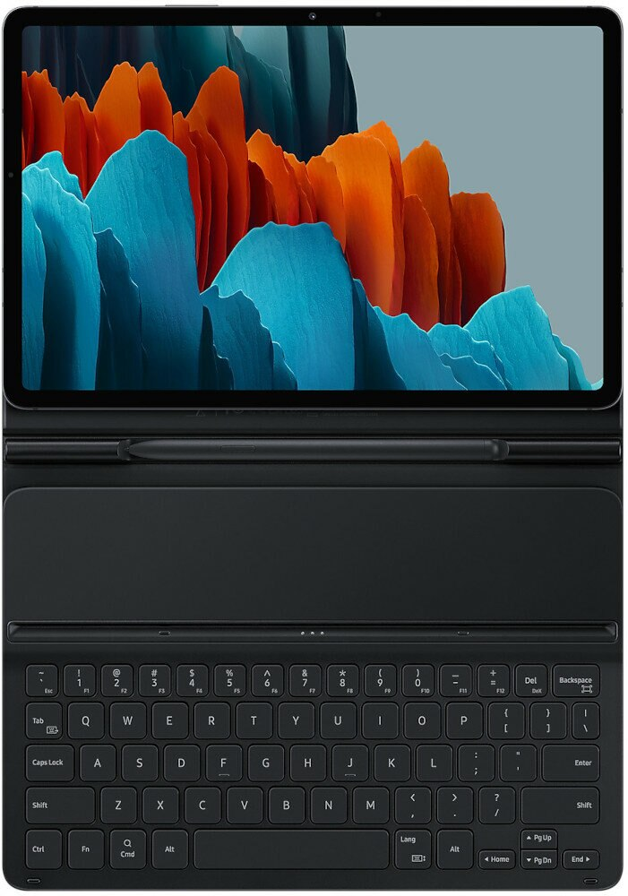 Czarny tablet z osłoną klawiatury. Ekran wyświetla abstrakcyjny obraz.