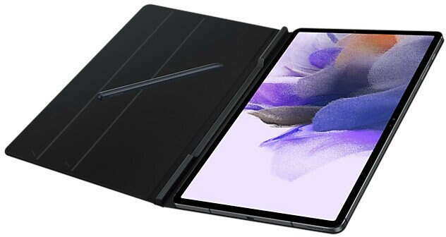 Czarny tablet z otwartą okładką i rysikiem. Ekran jest jasno fioletowy i biały.